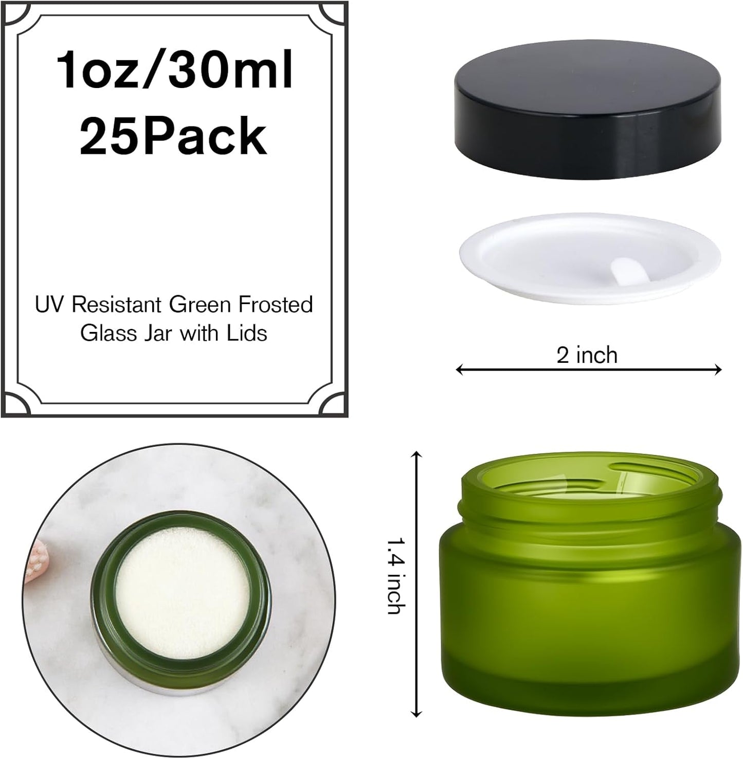 1oz Glass Jar with Lid, Hoa Kinh 25Pack Green Frosted Round Containers Cosmetic with Inner Liners and Black Lids Travel Jars for Storing Lip and Body Scrub, Lotion, Body Butter, Bath Salts, Liquid