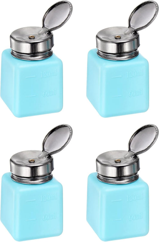 HARFINGTON 4PCS 120ML(4oz) Push Down Alcohol Dispenser Pump Liquid Press Empty Bottles Refillable Container for Acetone Cleanser Nail Polish Remover, Blue