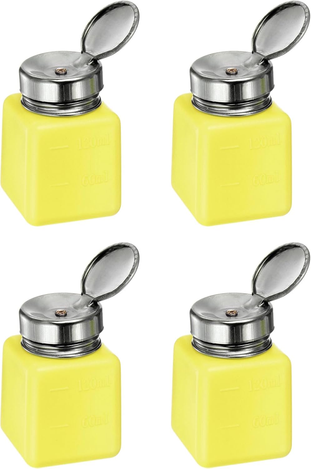 HARFINGTON 4PCS 120ML(4oz) Push Down Alcohol Dispenser Pump Liquid Press Empty Bottles Refillable Container for Acetone Cleanser Nail Polish Remover, Yellow