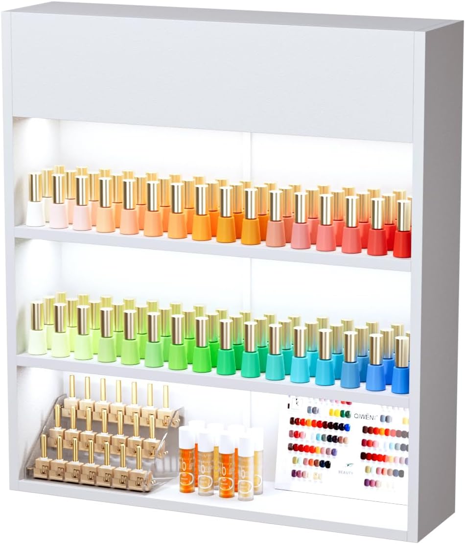 OmySalon Wall Mounted Display Rack, 32-Inch 3-Tier LED Nail Polish Organizer Shelf with USB Touch Control, for Nail Salon, Spa, Beauty Studio Storage, Wooden Retail Display (White)