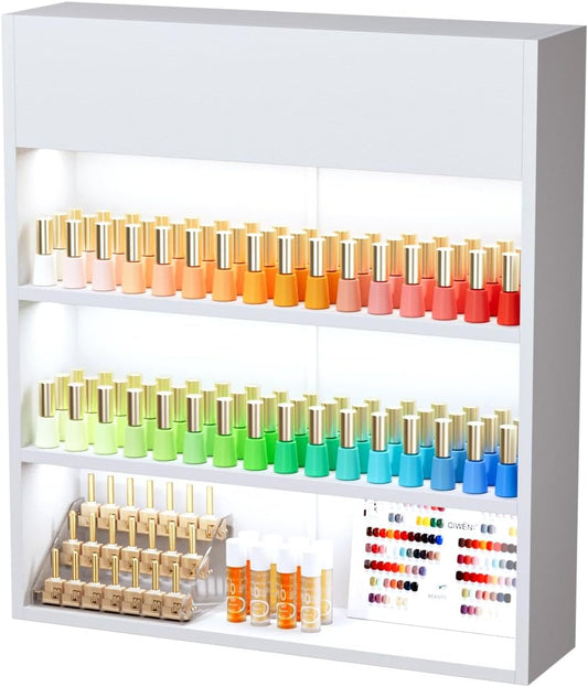 OmySalon Wall Mounted Display Rack, 32-Inch 3-Tier LED Nail Polish Organizer Shelf with USB Touch Control, for Nail Salon, Spa, Beauty Studio Storage, Wooden Retail Display (White)