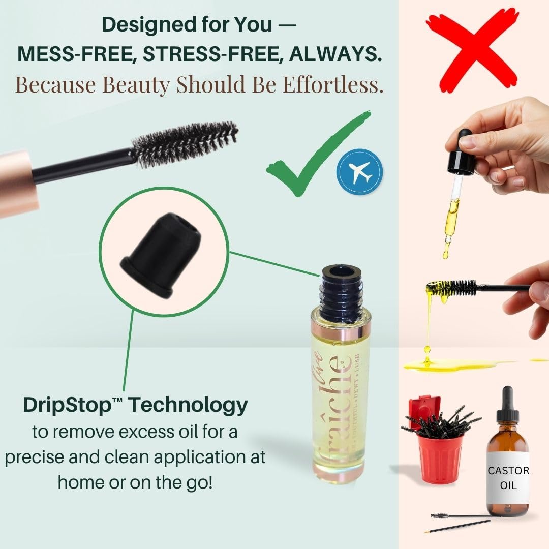 Live Fraiche Organic Castor Oil Lash Serum for Hair Growth, 100% Pure Eyebrow Eyelash Growth Serum, Cold Pressed Hexane Free (2oz Glass Bottle + FILLED Mascara Tube)