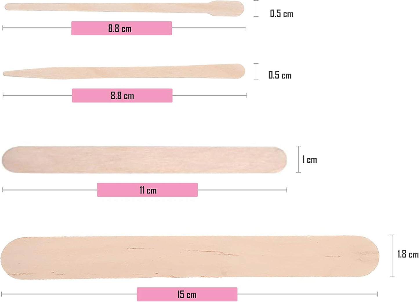 Mibly 4 Style 500 Pcs Assorted Wooden Wax Sticks for Body Legs Face and Small Medium Large Sizes Eyebrow Waxing Applicator Spatulas for Home and Spa Usage