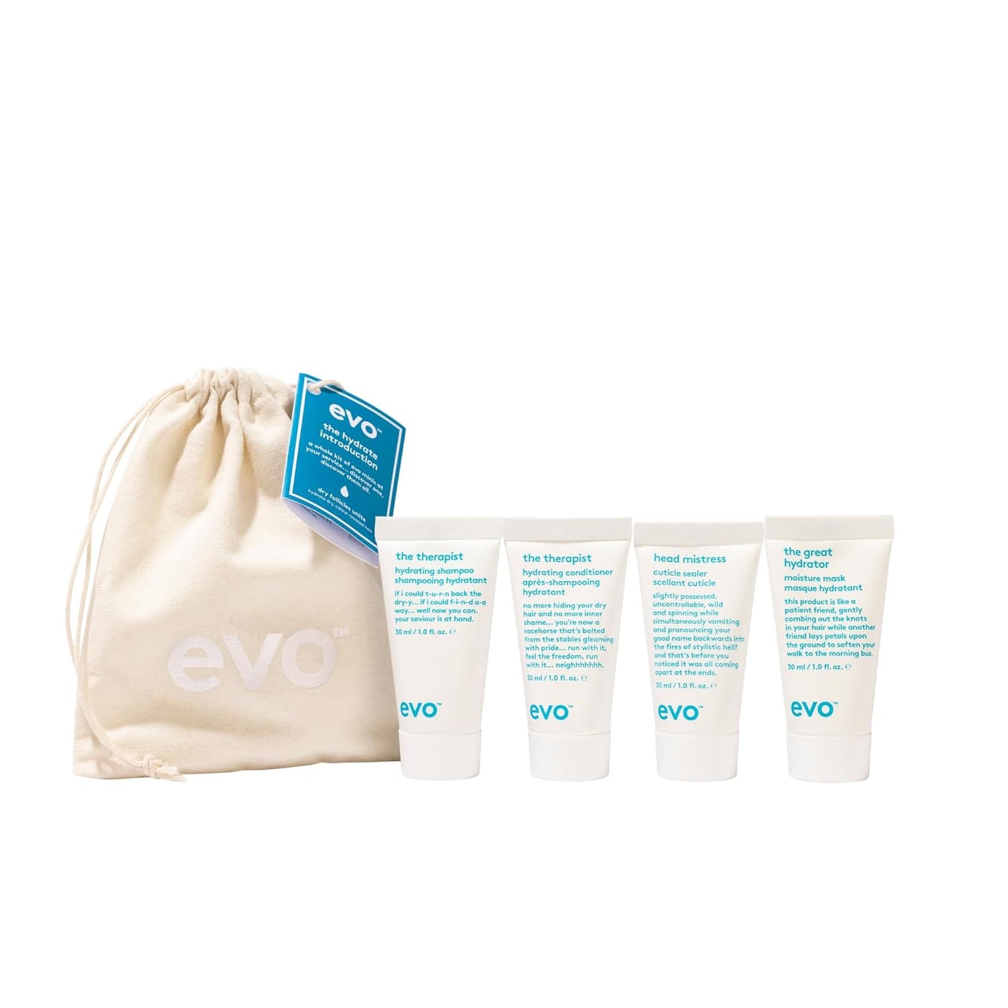 Evo The Hydrate Introduction Haircare Gift Set - Therapist Hydrating Shampoo & Conditioner, Head Mistress Cuticle Sealer and The Great Hydrator Moisture Mask