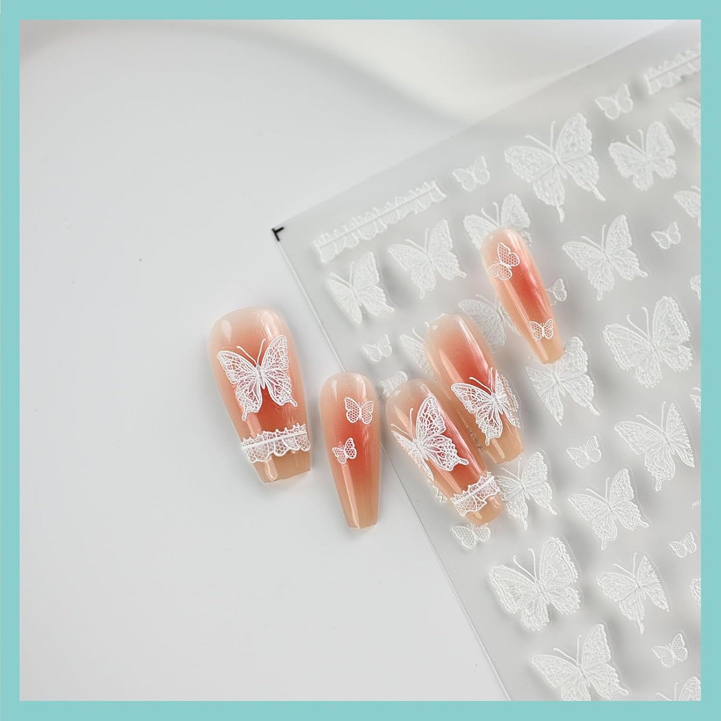 Lace Butterfly Nail Art Stickers, Embossed Nail Decals,Self-Adhesive, White Nail Accessories for Women, Nail Decorations