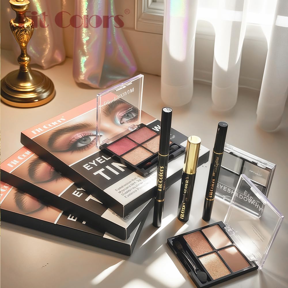 4-in-1 Eye Makeup Kit 4-Color Eyeshadow Palette Double-Ended Liquid Eyeliner Volumizing Mascara Eyebrow Pencil & Brush for Daily Makeup（02#)