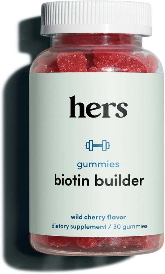 Hers Biotin Builder Gummy Vitamins with Vitamins B12 and B6, Vitamin D, Gluten Free, No Artificial Sweeteners or Flavors, Wild Cherry Flavor, 30 Count