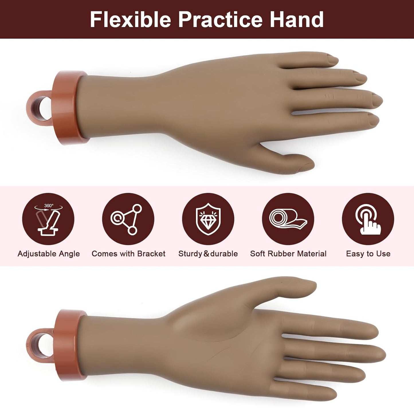 LIONVISON Practice Hand for Acrylic Nails,Flexible Mannequin Hand Model for Nails, Rubber Fake Training Manicure Hands with 240Pcs Ballerina Nail Tips, Brown