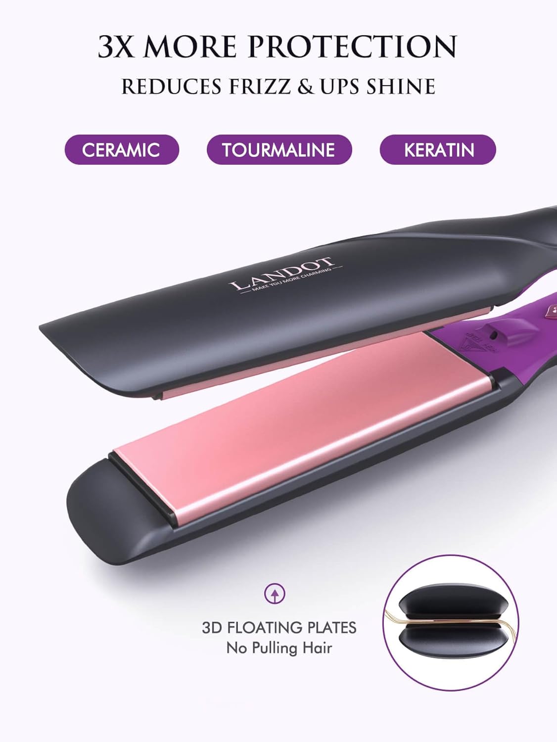 LANDOT Wide Flat Iron Hair Straightener for Fast Styling Thick/Long/Coarse Hair: 1-3/4 Inch Ceramic Straightener for Less Frizz, Smoother Shinier Results - Dual Voltage & 12 Temp Setting 250-450F