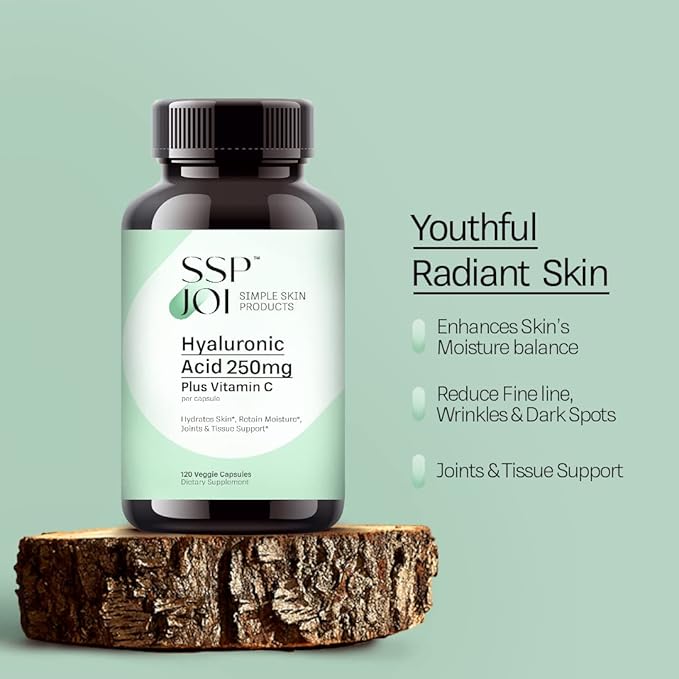 Hyaluronic Acid 250mg with 50mg Vitamin C per Capsule - 120 Veggie Capsules - Supports Skin Hydration, Youthful Skin, Joints Lubrication