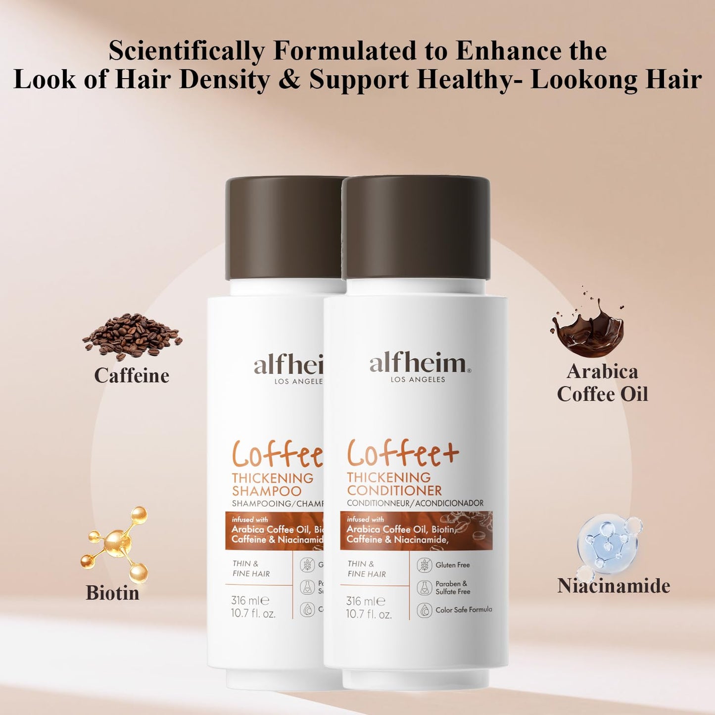 ALFHEIM Coffee+ Thickening Shampoo & Conditioner Set for Fine & Thinning Hair with Caffeine, Biotin & Arabica Coffee Oil – Strengthens, Nourishes & Boosts Volume – Sulfate-Free – Travel Size 10.7 oz