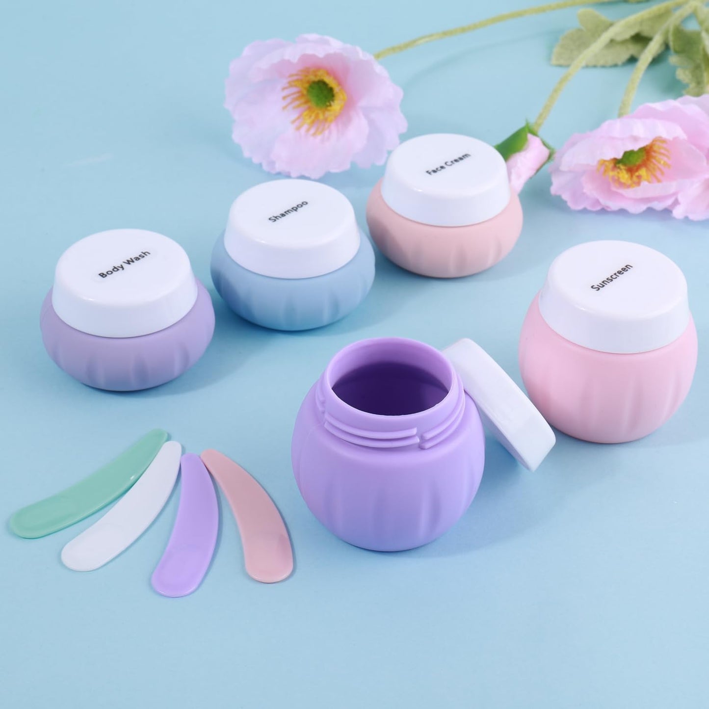 GLAMFIELDS TSA Approved 2Pcs 1.7oz+3Pcs 1oz Travel Size Silicone Jars BPA Free, Leak-proof Travel Essentials with Lid for Cosmetic Face Hand Body Cream Purple(5Pack)