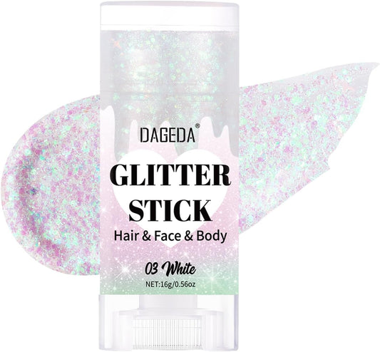 DAGEDA White Body Glitter Stick,Sparkly Face Glitter Makeup,Holographic Hair Glitters Mermaid Makeup Rave Outfits for Women, Shimmer Face Paint Stick Singer Concert Accessories