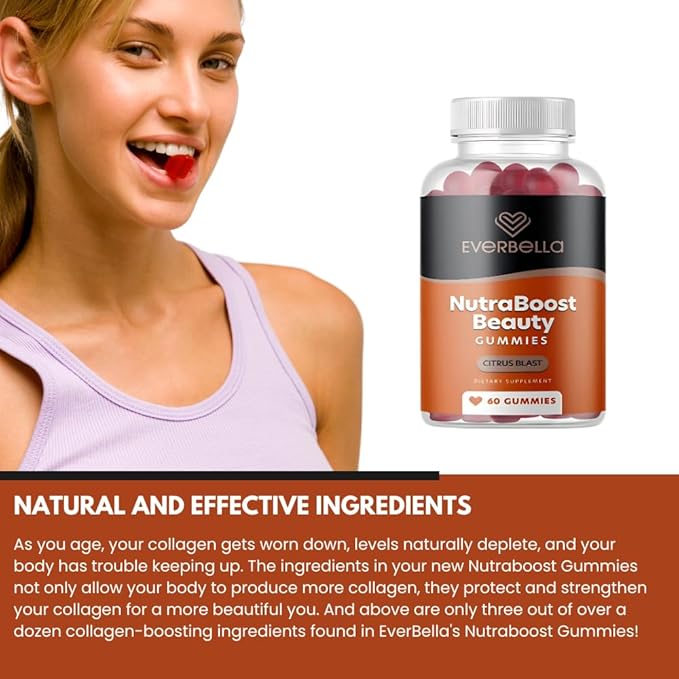 Nutraboost Beauty Gummies, Vegan Collagen Booster, Biotin, Skin Hair and Nails, Vitamin A, E, C, Citrus Flavor, 30 Day Supply, Sugar-free