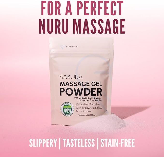Japanese Nuru Massage Gel Powder 50g - Sakura Edition | Resealable Sachet | Aloe Vera, Seaweed, Liquorice, & Green Tea | Made in Japan | Odorless, Tasteless, Stain-Free | Makes Up to 1.32 Gal of Gel