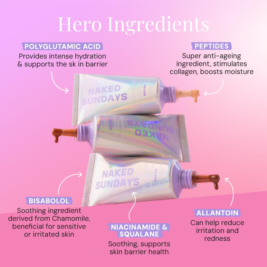 Naked Sundays BeautyScreen™ SPF 50 Mineral Peptide Foundation Tint – 2-in-1 Skin Tint & Mineral Sunscreen | Radiant, Buildable Coverage, Acne-Safe, Infused with Peptides (9.6. Rich Neutral, 1.01 oz)