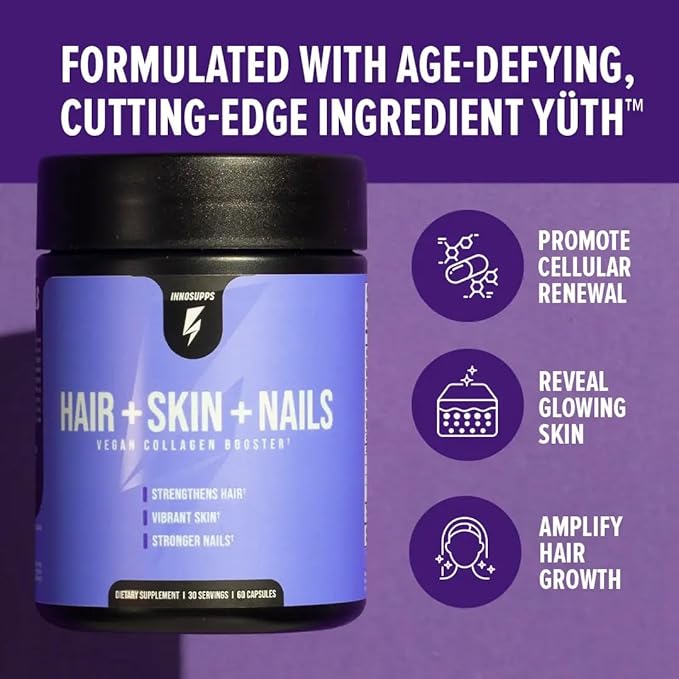 InnoSupps Hair + Skin + Nails Supplement | Vegan Collagen Booster | Biotin, B12, Horsetail Herb Powder | Stimulate Hair Growth, Revitalize Skin, Strengthen Nails | 60 Capsules