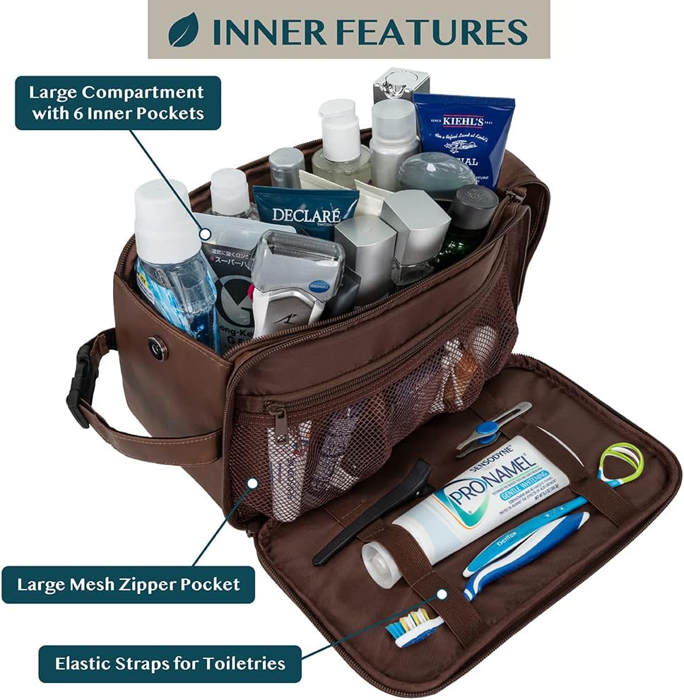 PAVILIA Toiletry Bag for Men, Travel Essentials Shaving Dopp Kit, Mens Travel Bag Toiletries Organizer Case for Grooming, PU Leather Water Resistant Cosmetic Bag Pouch (XL, Dark Brown)