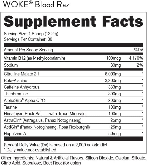 Bucked Up - Woke - HIGH STIM Pre Workout - Best Tasting - Focus Nootropic, Pump, Strength and Growth, 30 Servings (Blood Raz)