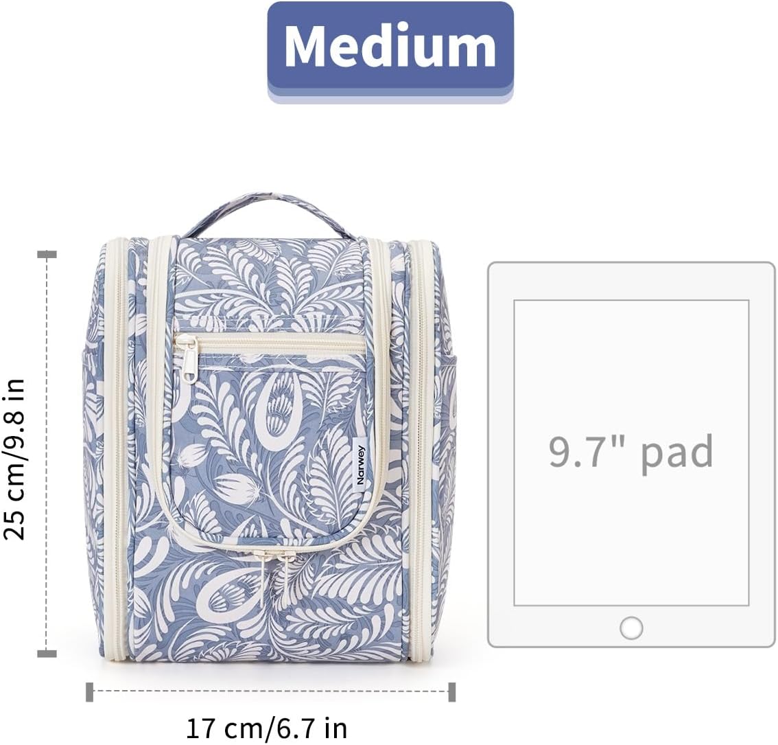 Narwey Small Hanging Toiletry Bag Women Travel Makeup Bag Organizer Toiletries Bag for Travel Size Essentials Accessories Cosmetics (Medium, Blue Leaf)