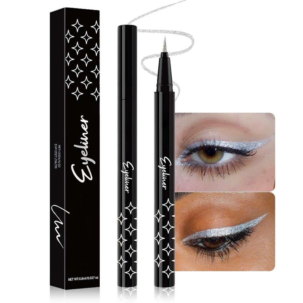 Silver White Metallic Glitter Liquid Eyeliner Pen – Long-Lasting Sparkly Waterproof Eyeliner for Women & Men – Tattoo-Effect Eye Makeup for Parties – Delineador Líquido con Brillo 01