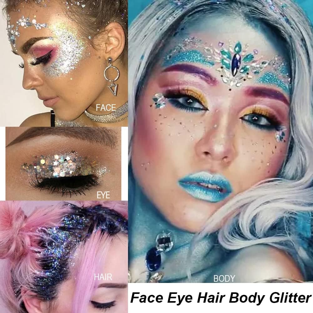 Mysense Blue Body Glitter Gel, Singer Concerts Glitter Makeup, Music Festival Rave Eye Hair Accessories, Chunky Glitter Mermaid Sequins, Sparkling Face Paint for Women, 30g