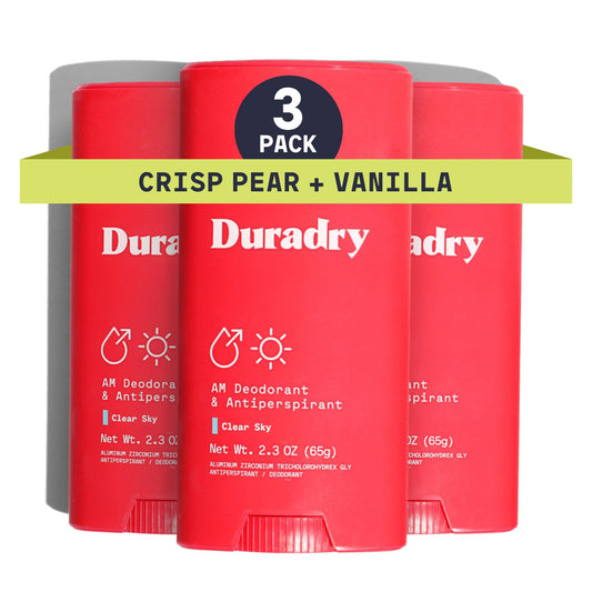 Duradry Clinical-Strength Antiperspirant for Women and Men – Clean formula with natural ingredients for armpit odor and excessive sweat protection –Clear Sky (Crisp Pear + Vanilla), 3-Pack.
