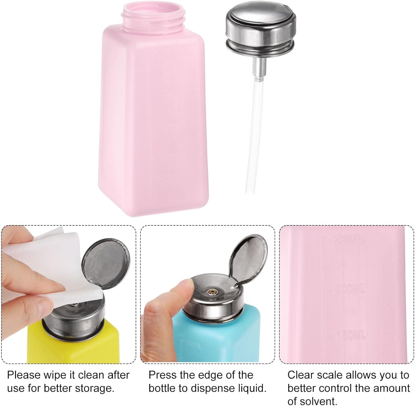 HARFINGTON 4PCS 250ML(8.5oz) Push Down Alcohol Dispenser Pump Liquid Press Empty Bottles Refillable Container for Acetone Cleanser Nail Polish Remover, Pink