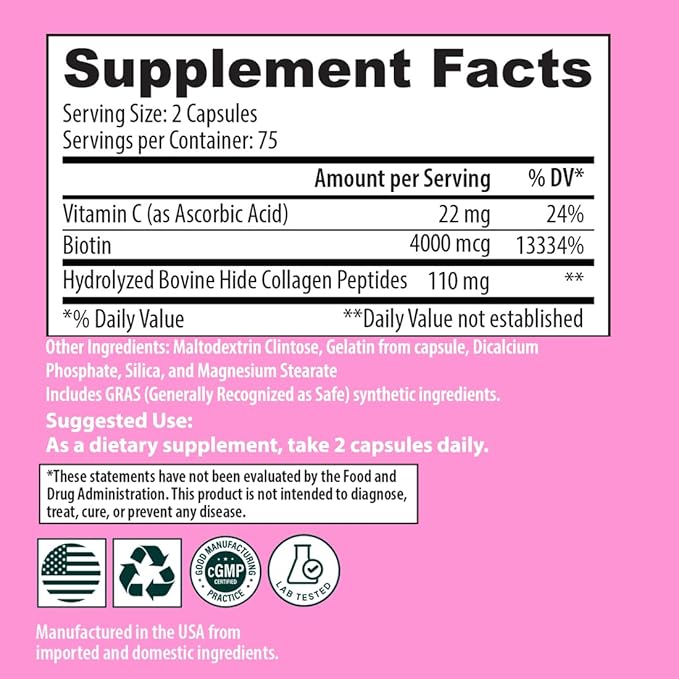 Sanar Naturals Biotin Collagen Pills - Hair Skin and Nails Vitamins, Boost Hair Growth - Hydrolyzed Collagen Peptides for Women & Men, Biotin Supplement with Vitamin C, 150 Capsules
