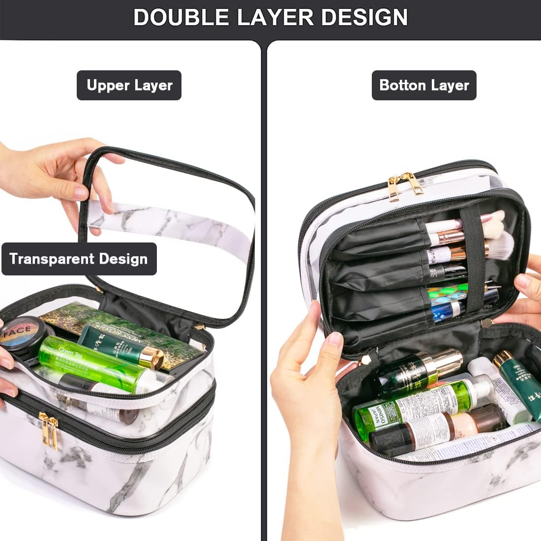 FITINI Makeup Bags Marble Double Layer Travel Storage Cosmetic Cases Make up Organizer Toiletry Bags Water-resistant for Women Makeup Brush Bag,Black