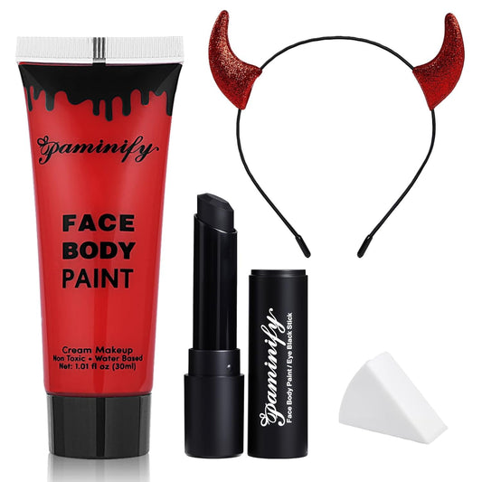 Red Face Paint Halloween Makeup Kit,Devil Horns Headband for Kids,1.01oz Water-Based Red Body Paint+Black Lipstick+Sponge+Devil Glitter Headband,Cream Face Paint Stick for Costume