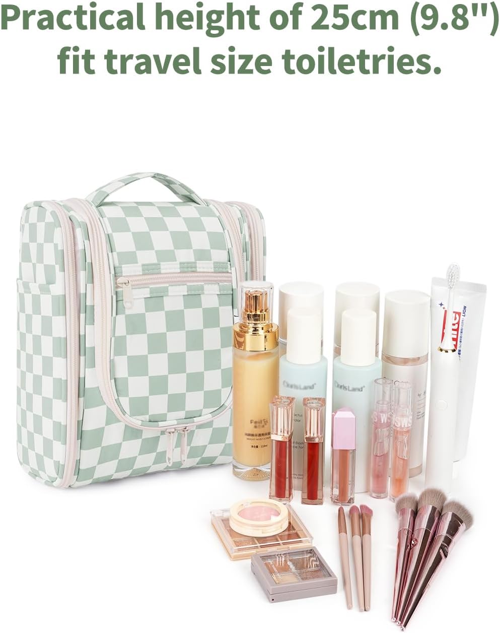 Narwey Small Checkered Hanging Travel Toiletry Bag for Women, Travel Bag for Toiletries, Makeup Bag Organizer Cosmetic Bags Make Up Bags for Women (Mint Green Checkerboard)