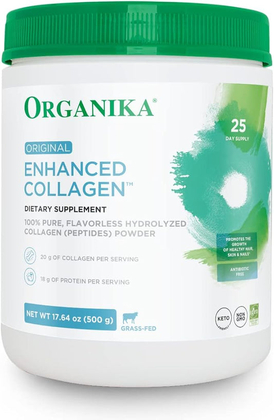Organika Enhanced Hydrolyzed Collagen Peptides Powder: Easy Absorption Unflavored Collagen Powder for Skin, Hair, Nails, Joints, Muscles, & Gut - Keto, GMO-Free, Grass-Fed - 25 Day Supply