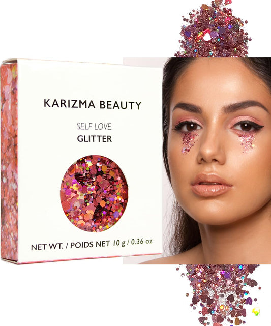 KARIZMA Self Love Heart Glitter. 10g Chunky Face, Hair, Eye, Body for Women. Rave, Festival Accessories, Cosmetic Makeup. Loose Set