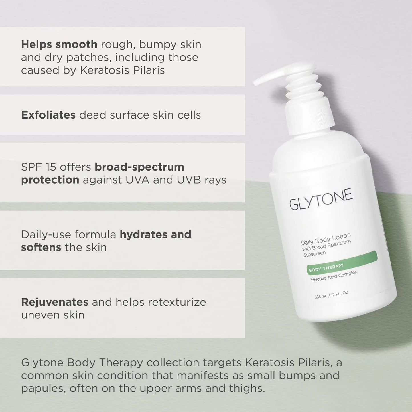 Glytone Daily Body Lotion with SPF 15–Broad Spectrum Sunscreen Moisturizer for Body –Spf Lotion with Glycolic Acid & Shea Butter – Sensitive Skin Sun Screen – Gives Non Greasy Sun Protection – 12 oz