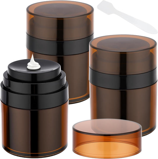 Segbeauty 1oz Refillable Small Airless Pump Jar Amber, 3pcs Empty Travel Size Cream Containers, Mini Vacuum Lotion Travel Bottles for Toiletries, 30ml Pump Dispenser Makeup Containers for Liquids