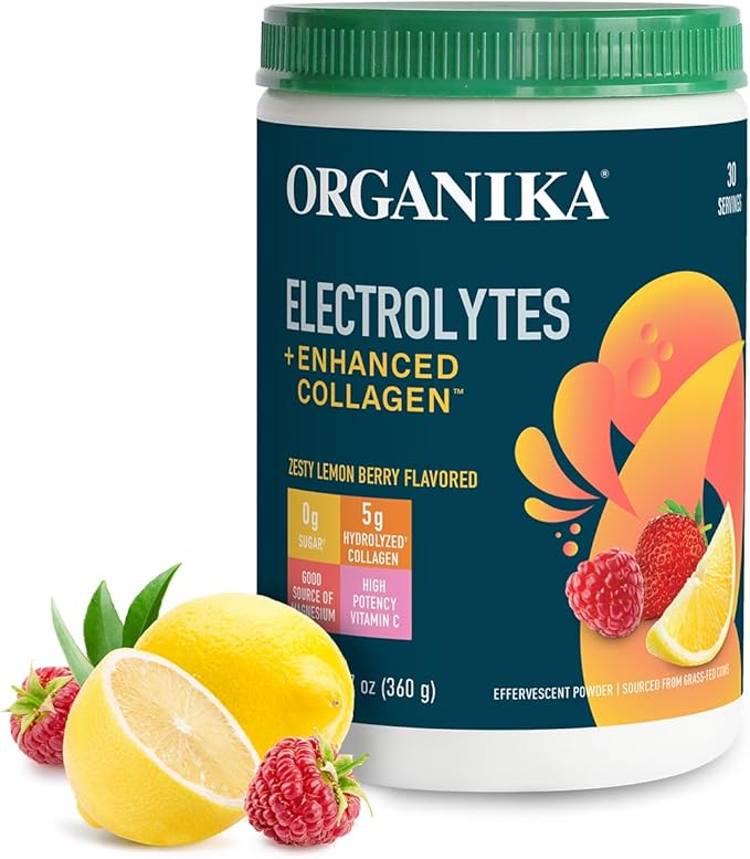 Organikа Electrolytes with Enhanced Collagen Powder for Women & Men - 360g - Zesty Lemon Berry-Flavored Effervescent Electrolyte & Collagen Drink Mix - Deep Hydration, Mobility, Skin, Hair, & Nails