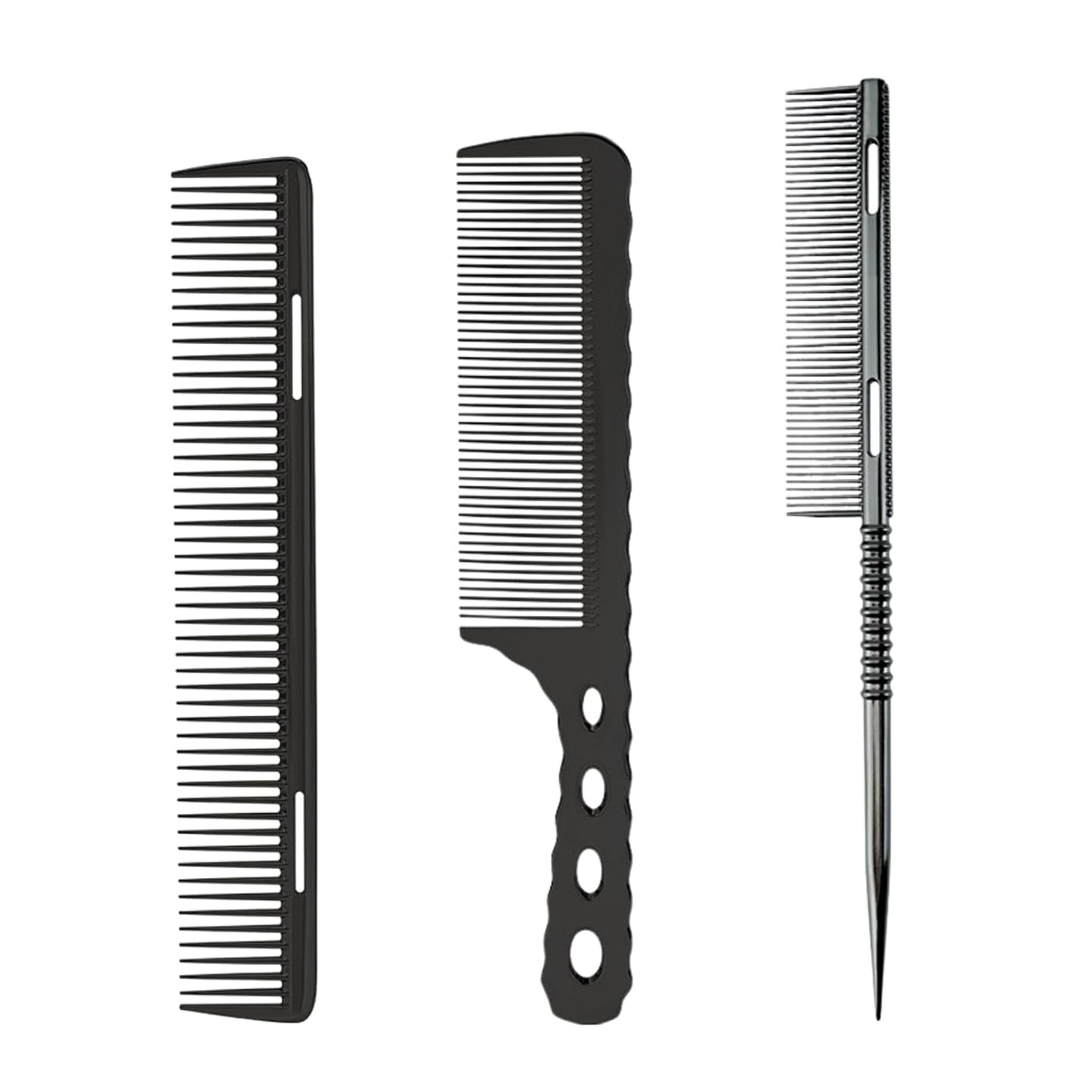 3 Pcs Professional Aluminum Comb Set for Barber Hair Styling - Fine Cutting, Rat Tail, Handle Combs (Black)