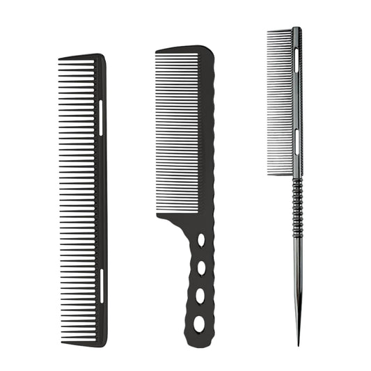 3 Pcs Professional Aluminum Comb Set for Barber Hair Styling - Fine Cutting, Rat Tail, Handle Combs (Black)
