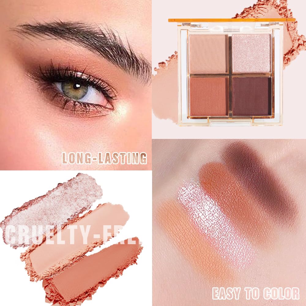 Eyeshadow Quads Blendable Glitter Matte Eyeshadow Palette,Nude Champagne Gold Orange Dark Coffee Sparkly Four Eyeshadow Palette Makeup,Everyday Nature Long-Lasting Waterproof Women Girls Eyeshadow 3#