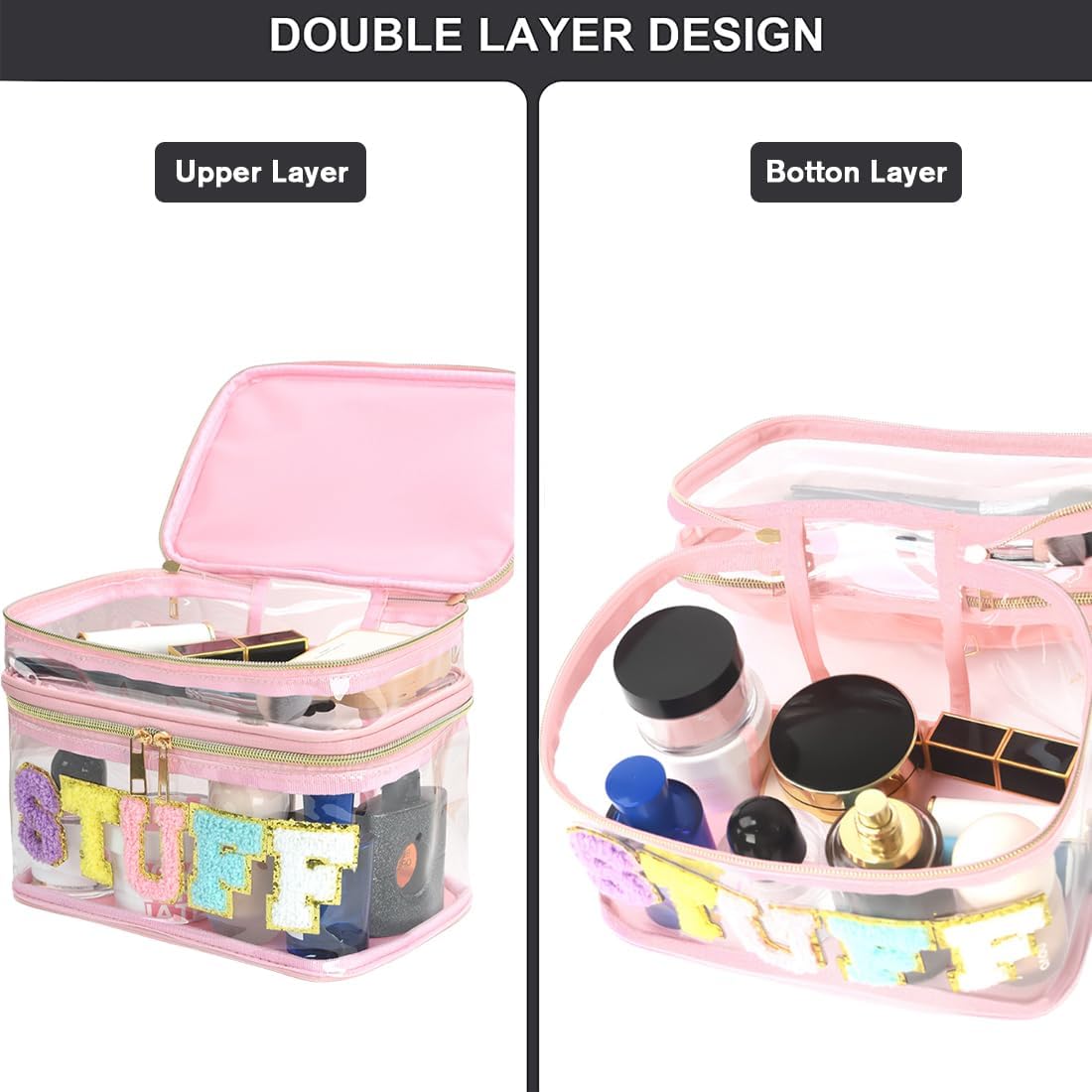 FITINI Makeup Bags Chenille Double Layer Travel Storage Cosmetic Cases Make up Organizer Toiletry Bags Stuff for Women Makeup Brush Bag,Clear Black