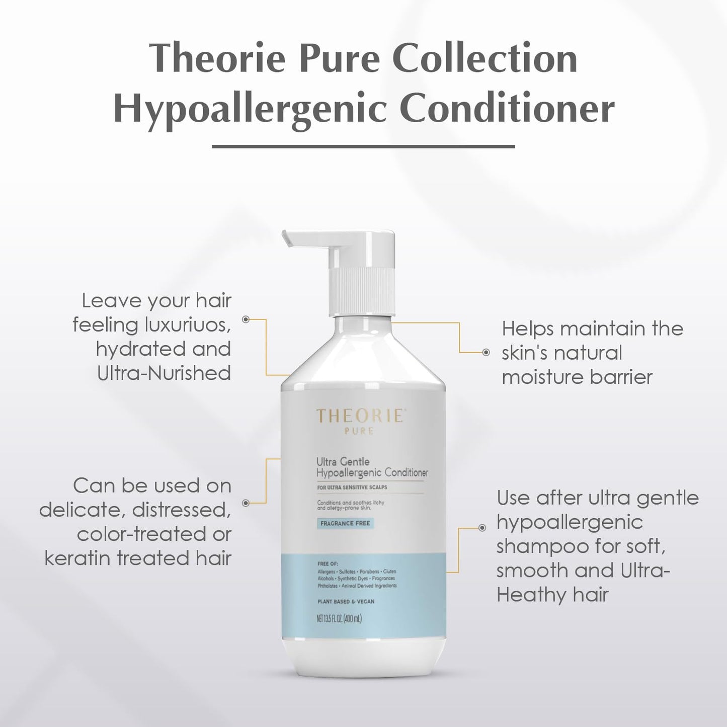Theorie Pure Ultra Gentle Hypoallergenic Conditioner - Plant Based & Vegan - Conditions, Soothe Itchy & Allergy Prone Skin - Fragrance-Free - Ultra Sensitive Scalp, Pump Bottle - 400mL