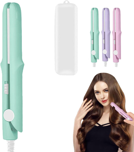 2025 New 2 in 1 Mini Dual Purpose Curling Iron, Mini Curling Wand Flat Iron Hair Straightener, Portable Travel Curl Wand for Women Short and Long Hair (Green)