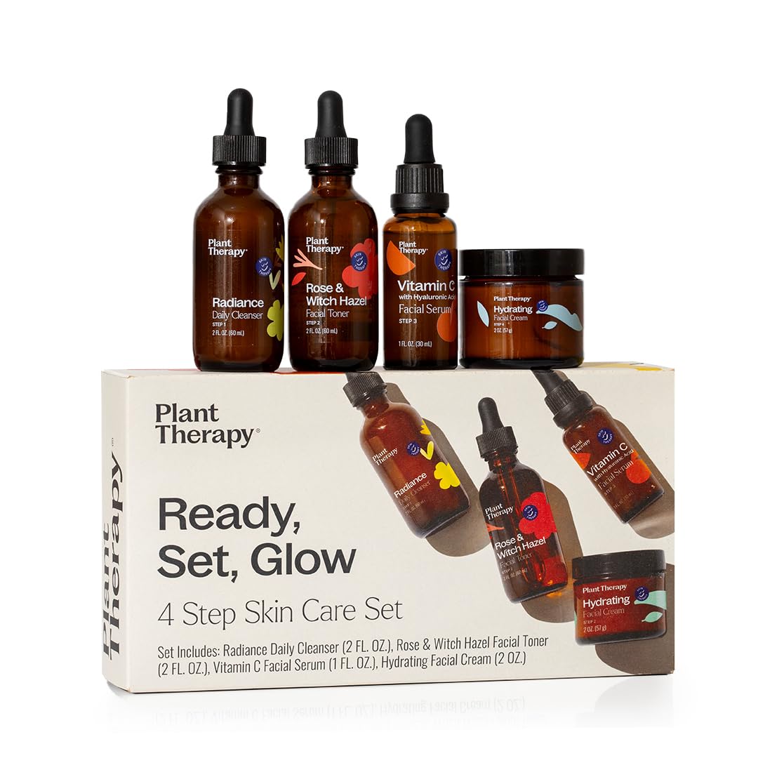 Plant Therapy Ready, Set, Glow- 4 Step Skin Care Set Includes Radiance Gel-Cream Cleanser, Rose & Witch Hazel Facial Toner, Vitamin C with Hyaluronic Acid Facial Serum & Hydrating Facial Cream