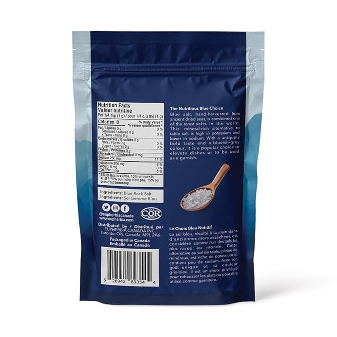 EUPHERBIA Blue Salt, Coarse, Rare Mineral Salt, High Potassium, Lower Sodium, Natural, Unprocessed, Hand Harvested, Kosher Certified, 227g (8 Oz)