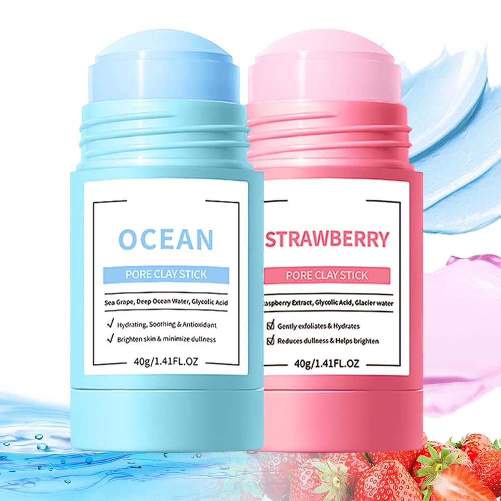 2Pcs Clay Mask For Face, Blackhead Remover For Face, Deep Pore Cleansing, Moisturizing, Skincare Facial Mask for Refining Pores and Controlling Oil (A04#2Pcs Strawberry+Blueberry)