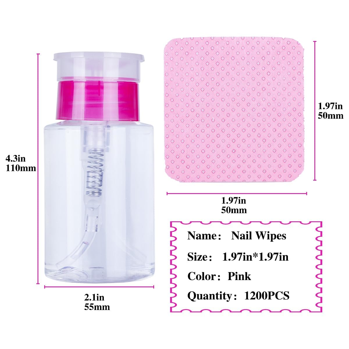 Biutee Cleaner Bottle Set for Nail Polish Remover with 1200 Lint Free Nail Wipes, 180ml Empty Push Down Pump Dispenser for Acetone, Salon Grade Manicure Cleaner Bottle & Non-Woven Nail Pads Kit