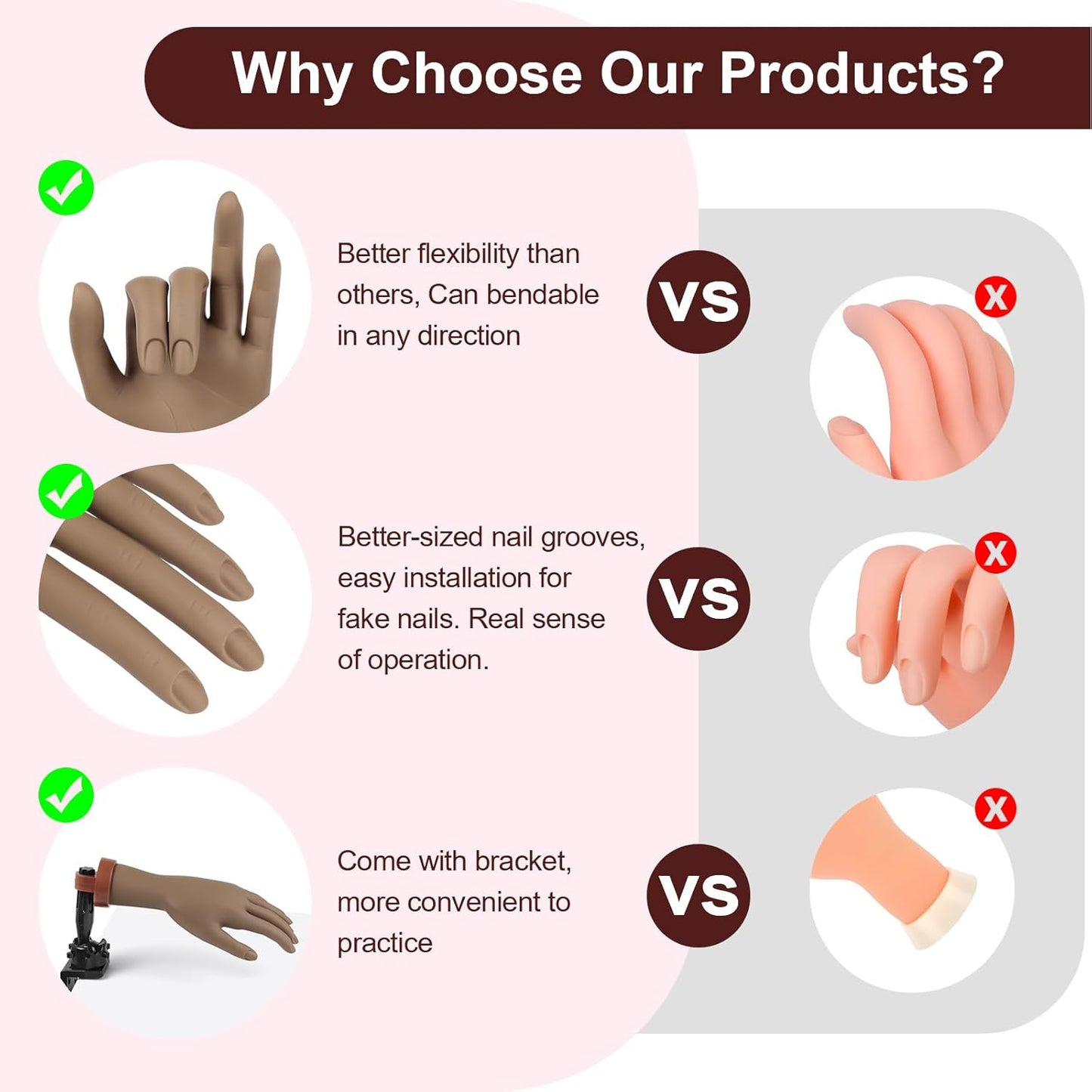 LIONVISON Practice Hand for Acrylic Nails,Flexible Mannequin Hand Model for Nails, Rubber Fake Training Manicure Hands with 240Pcs Ballerina Nail Tips, Brown