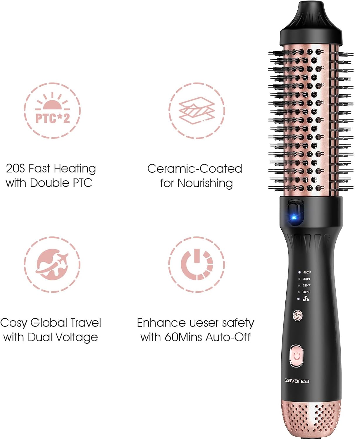zavarea Thermal Brush, 1.5 Inch Heated Round Brush Stylers, 800M Negative Ions Ceramic for Less Frizz Damage, 4 Temperature Set, Dual Voltage for Travel, Easy Use Boosts Shine, Elegant Black