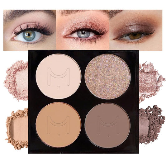 Eyeshadow Quad, Nude Brown Matte Shimmer Eye Shadow Makeup Powder Palette, Suitable for Women's Daily Eyeshadow Makeup, Long-Lasting Waterproof and Smudge-Proof, Easy to Apply, with Built-In Mirror 01